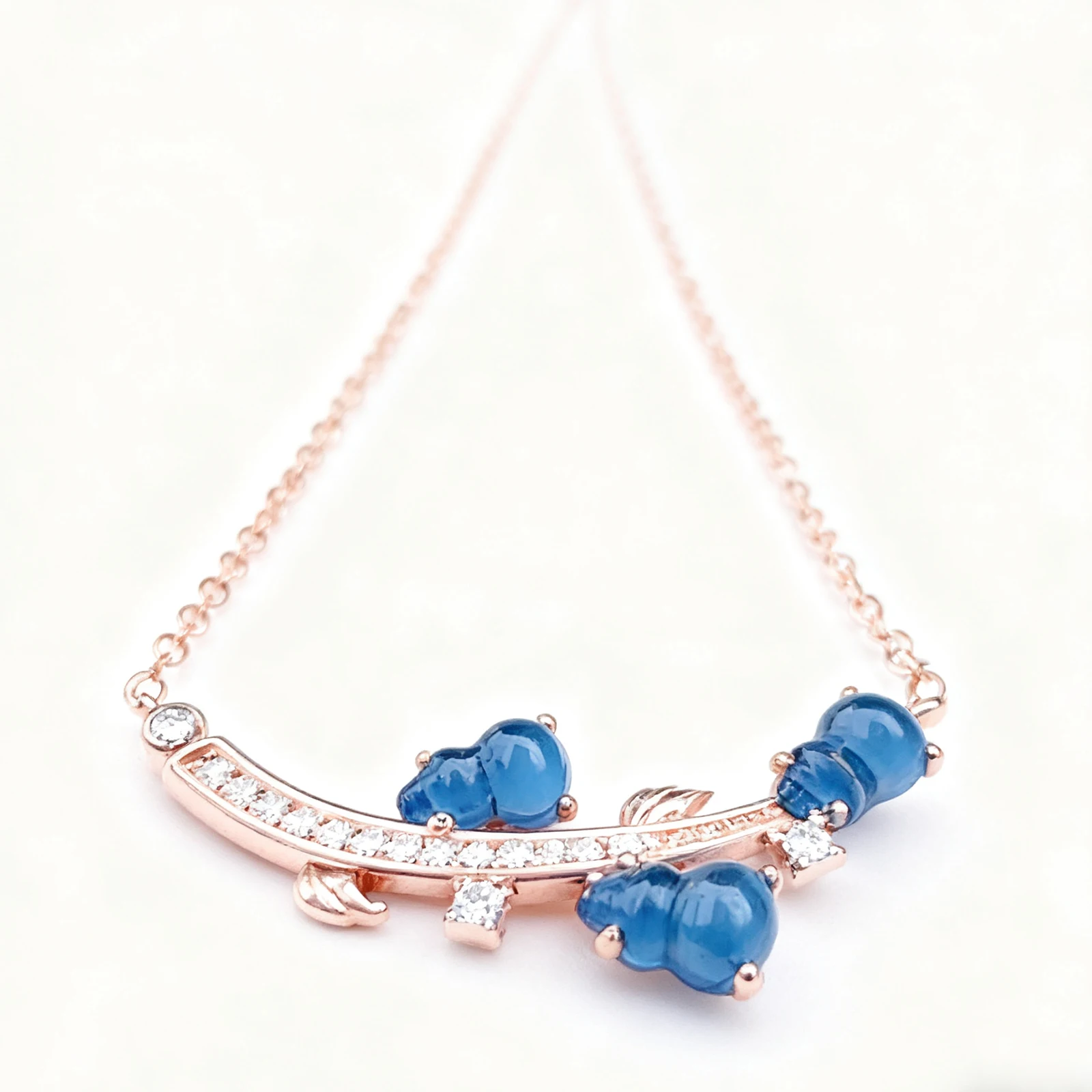 Romantic Leaf Design Pendant Necklace Rose Gold Plated with Blue Amber and Zircon Gift for Her Valentine Love Jewelry