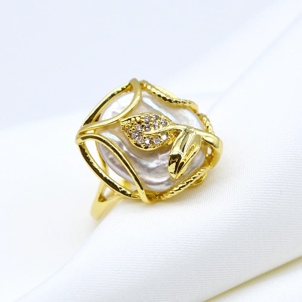 White Natural Pearl Ring Irregular Rectangular Baroque Adjustable Gold Silver Ladies Ring Fashion Jewelry Free Shipping