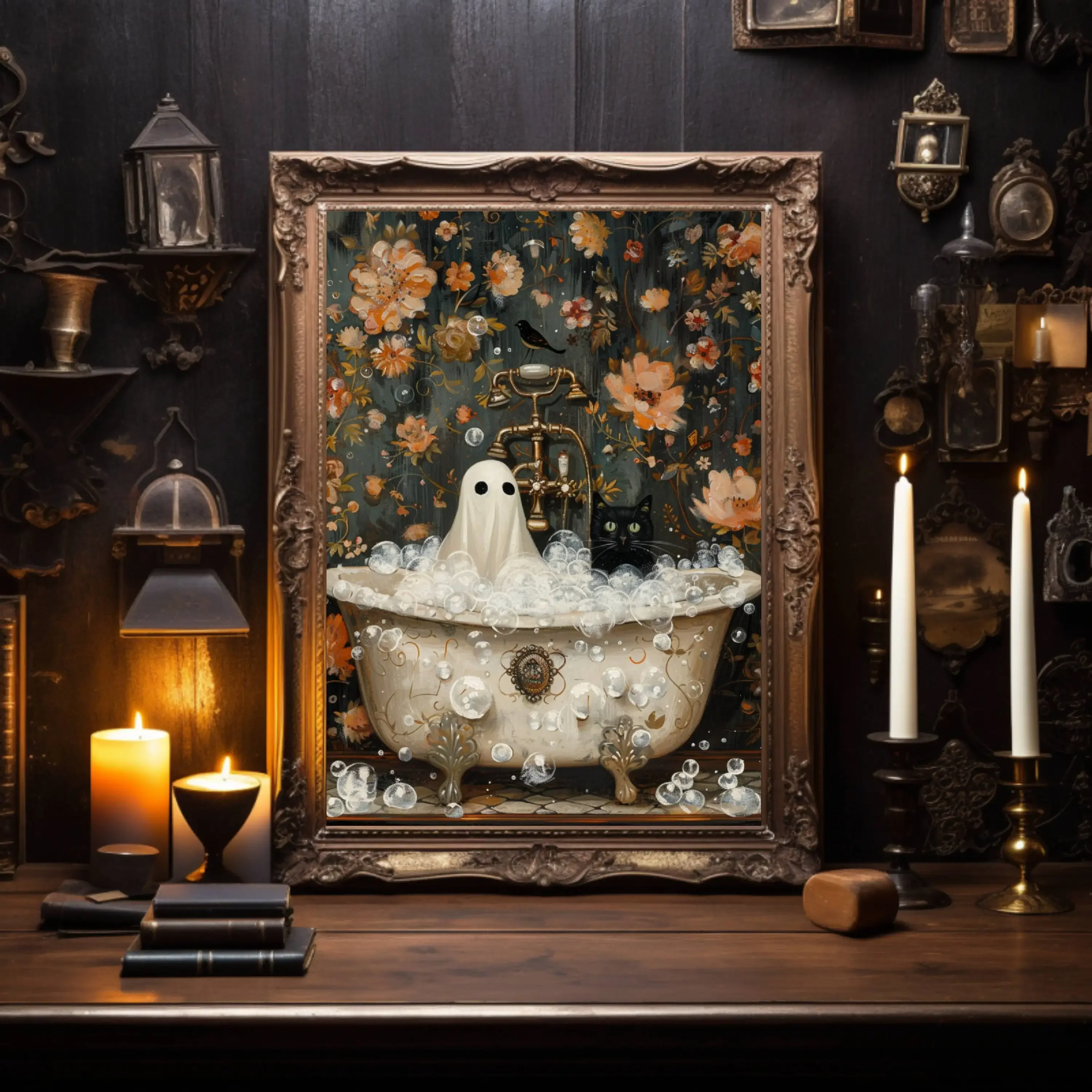 Ghost & Black Cat in Bathtub Canvas Prints Colorful Wildflowers Bubble Wall Art Posters for Bathroom Toilet Decor Halloween G