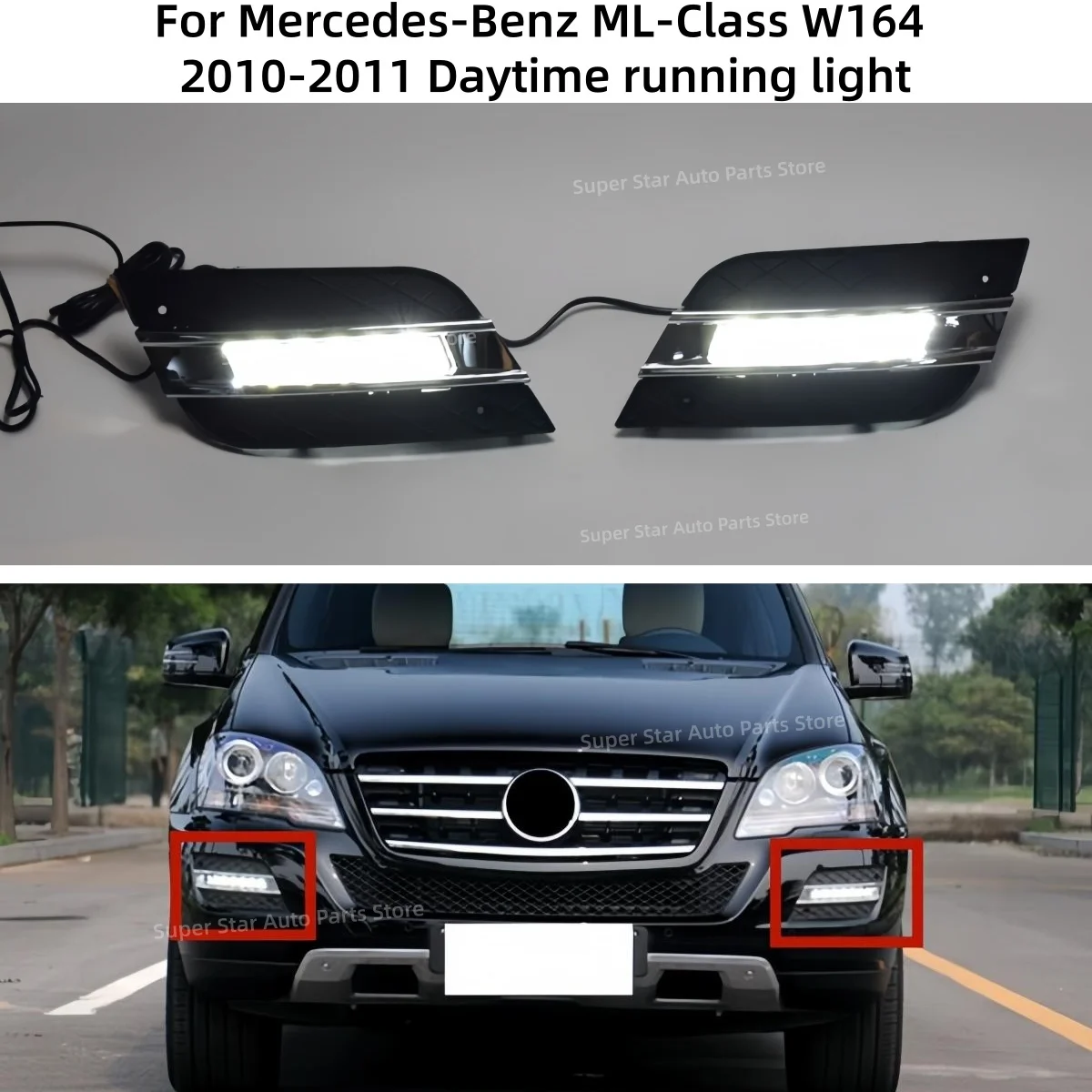

Подходит для Mercedes-Benz ML-Class W164 2010-2011: Дневные ходовые огни, передние противотуманные фары, декоративные фонари, однотонная подсветка, индивидуальная настройка.