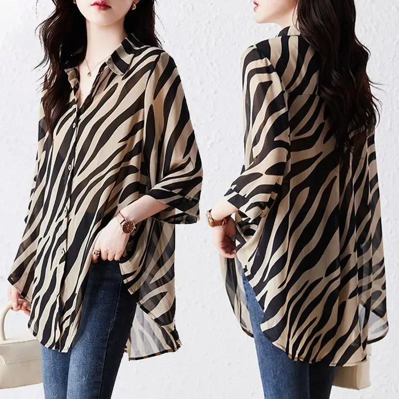 Zebra Printed Loose Blouse Women's Clothing Commute Single-breasted 2024 Spring Summer 3/4 Sleeve Korean Polo-Neck Shirt Z539