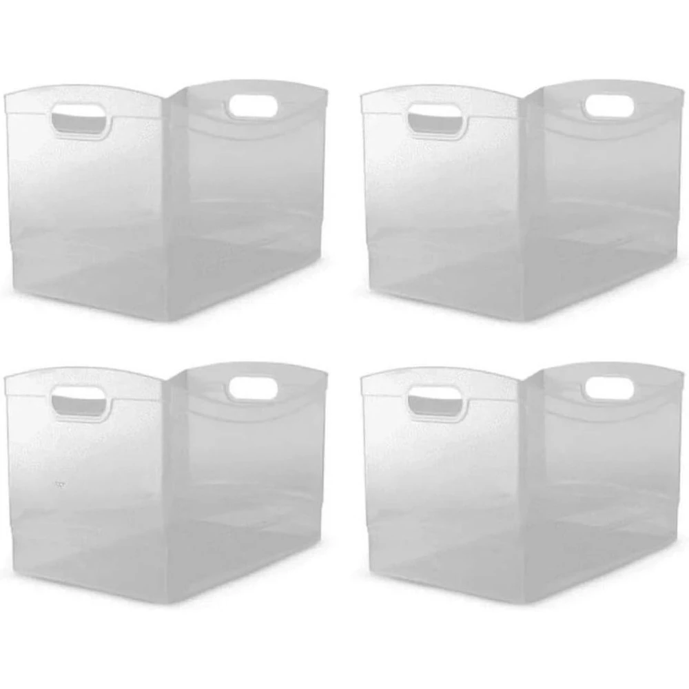 

Stackable Clear Plastic Storage Bin with Handles - 15L x 10W x 9.5H for Pantry, Closet, Office Supplies (Set of 4)