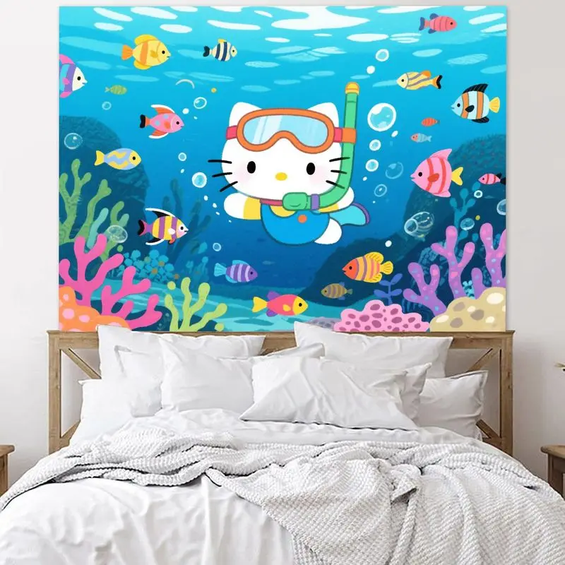 1 szt. Gobelin do snorkelingu z motywem Hello Kitty firmy Sanrio, żywa dekoracja ścienna z motywem oceanu, rybami i rafami koralowymi, uroczy, kawaii dekoracja poliestrowa do pokoju.