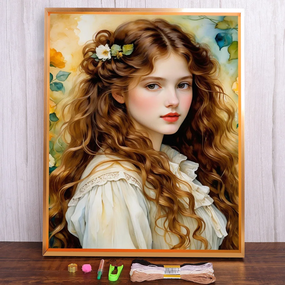 

Portrait Women Pre-Printed Cross-Stitch DIY Embroidery Kit Handicraft Painting Handiwork Knitting Home Decor Floss For Adults
