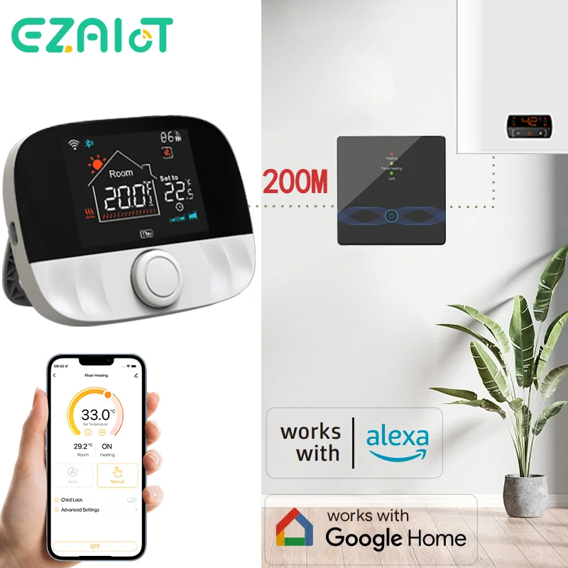 Thermostat sans fil Tuya RF433 intelligent WiFi pour chauffage au sol, alimenté par batterie et câble USB Type-C, contrôleur de température programmable Tuya avec récepteur 220V, compatible avec les assistants vocaux Alexa, Google Home et Yandex Alice