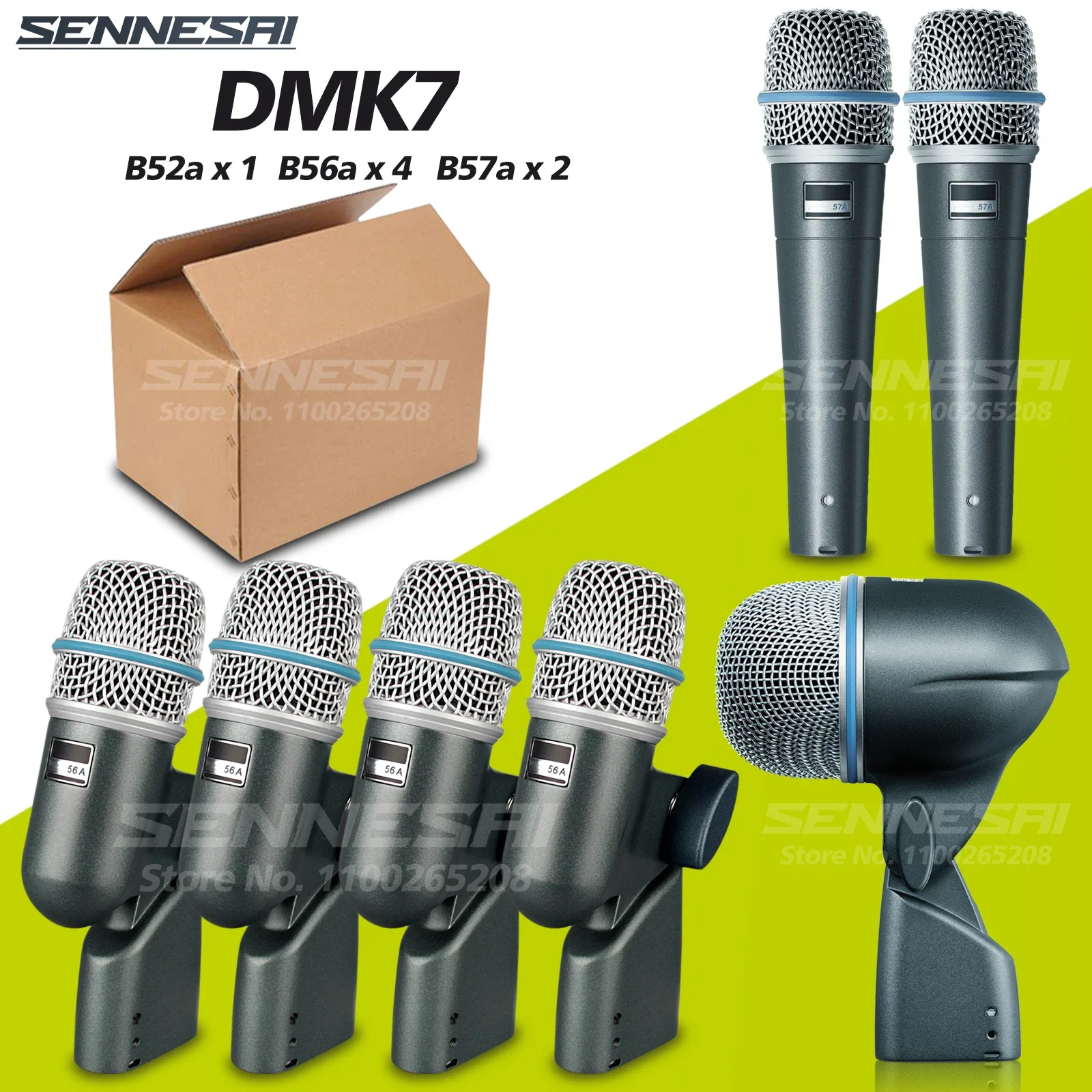 SENNESAI BETA DMK7 7-Piece Wired Dynamic Drum Microphone (Whole Metal)- Kick Bass, Tom/Snare & Cymbals Mic Set-Use，52a 56a 57a