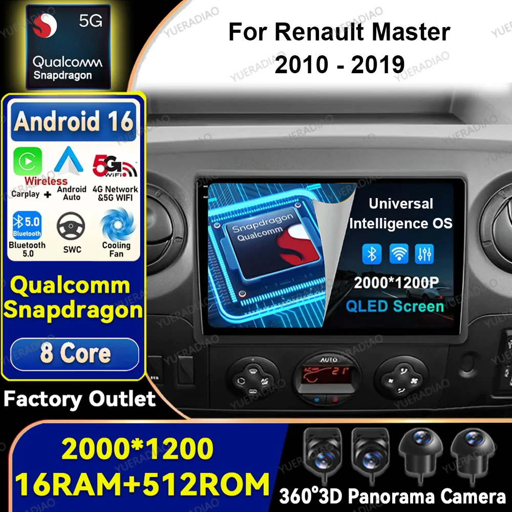 Android 16 Carplay Auto para Renault Master 2010 - 2019, para Nissan NV400 2010 - 2020, para Opel Movano 2 2010 - 2019, Unidad Principal QLED