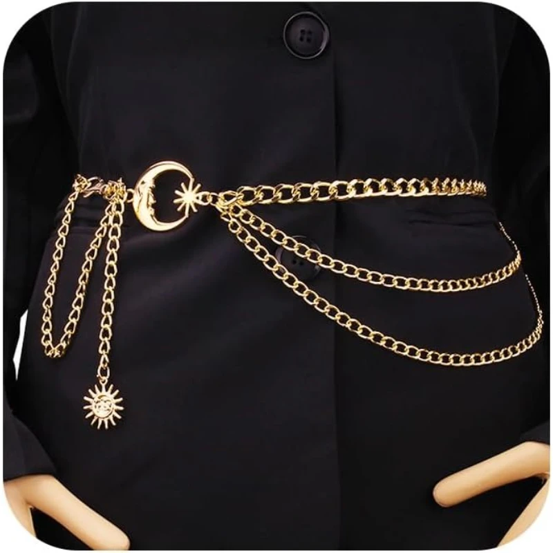 Chain Belt - Fashion Waist Chain Belt with Moon, Butterfly Rhinestone & Layered Design