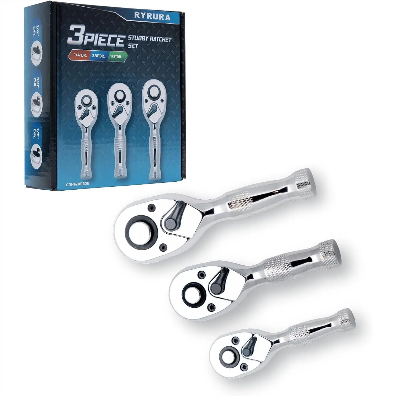 

1/4" 3/8" 1/2" Stubby Drive Ratchet Set, Mini Ratchet Wrench with 72-Tooth Quick Release and Reversible Durable Chrome Alloy,