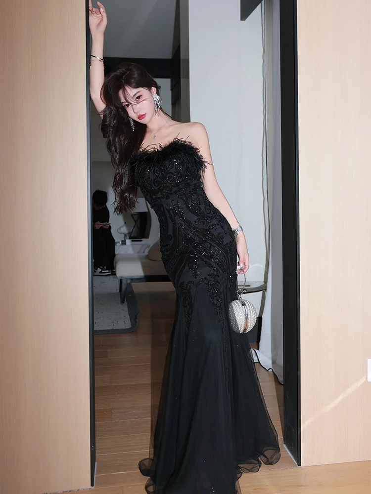 

Bla Ostrich Feather Sequin Fi Tail Gown Women's Sle Birthday Wedding Heavy Work Host Evening Gown Princ Sle Lon...