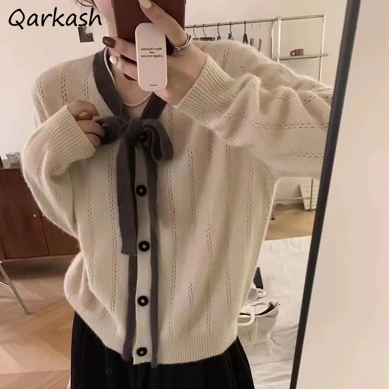 

Cardigan Women Thicker Bow Cozy Fashion All-match Casual Females Tender Outwears Designed Ulzzang Knitwear Sweaters Mujer Chic