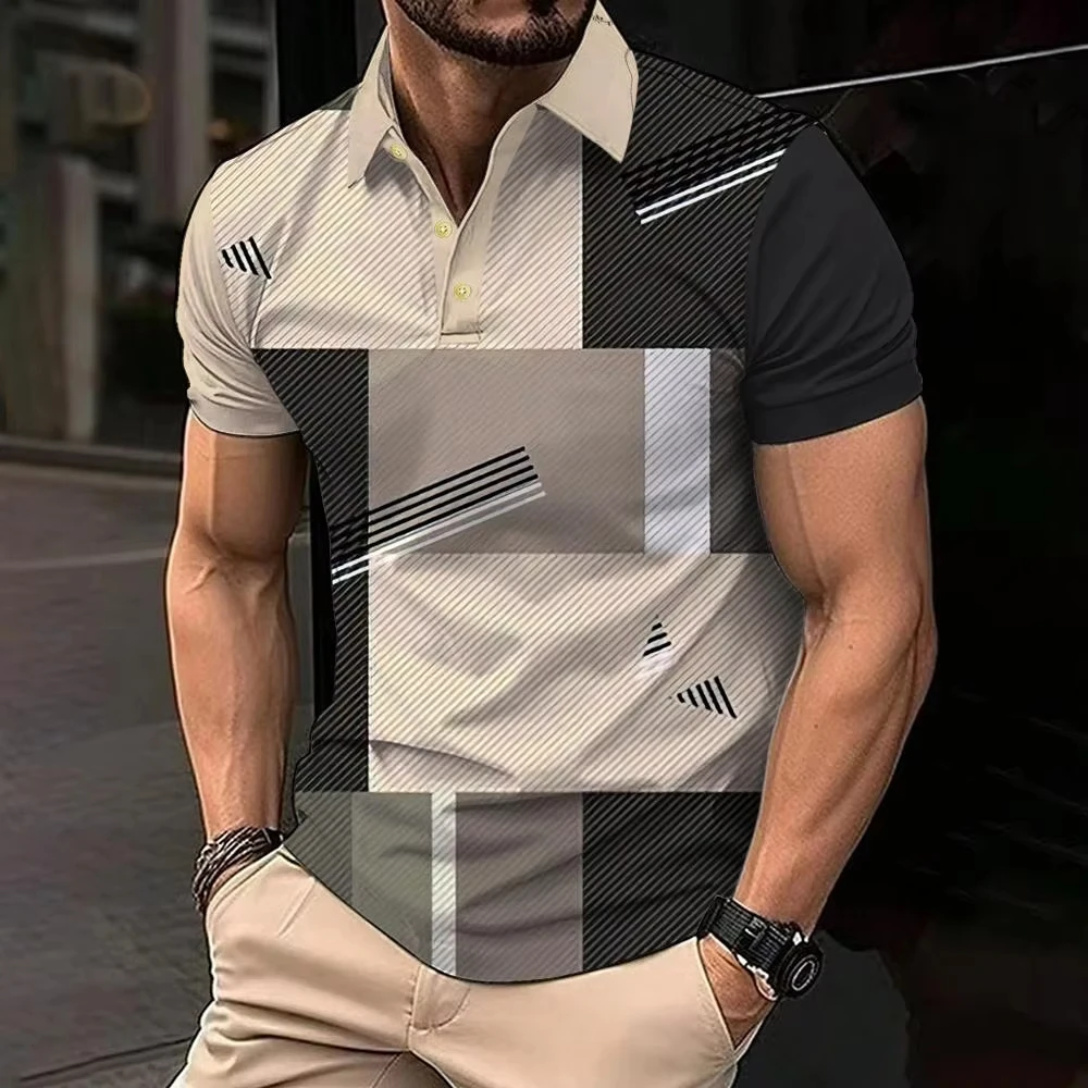 

Vintage Men's Polo Shirt Summer Casual Short Sleeves Top Lattice Pattern Print Button T Shirt Loose Clothes Fashion Polo T Shirt