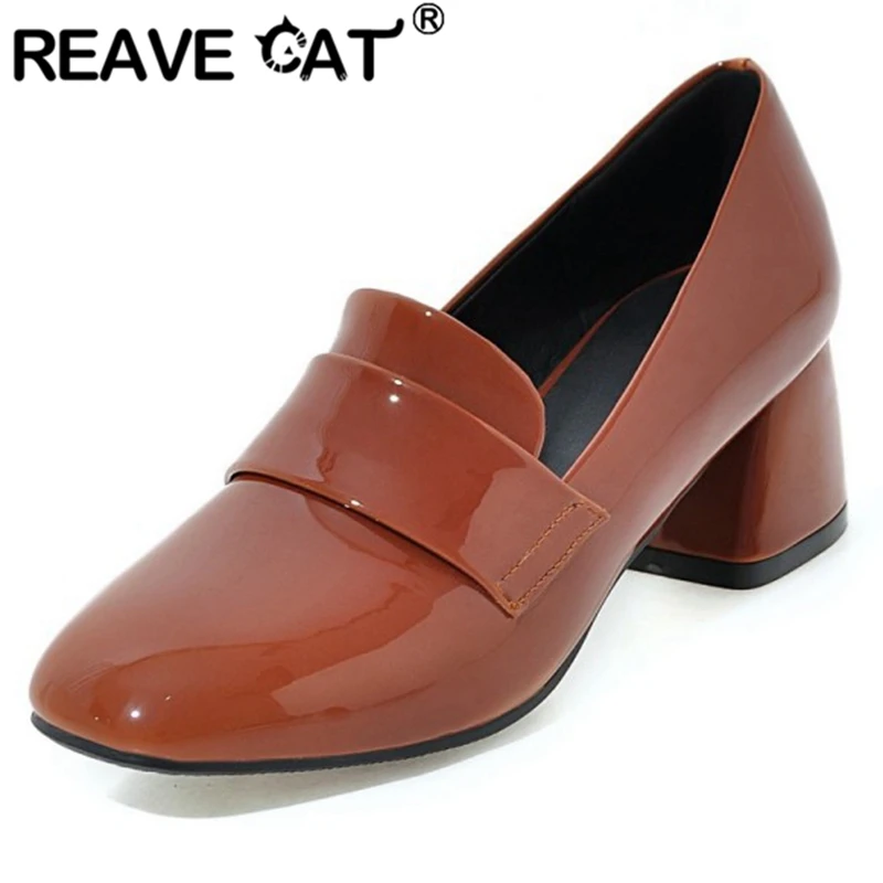 

REAVE CAT Woman Spring Autumn Sweet Pumps Square Toe 5cm Hoof Heels Patent Leather Slip on Large size 33-43 Elegant Date A2881