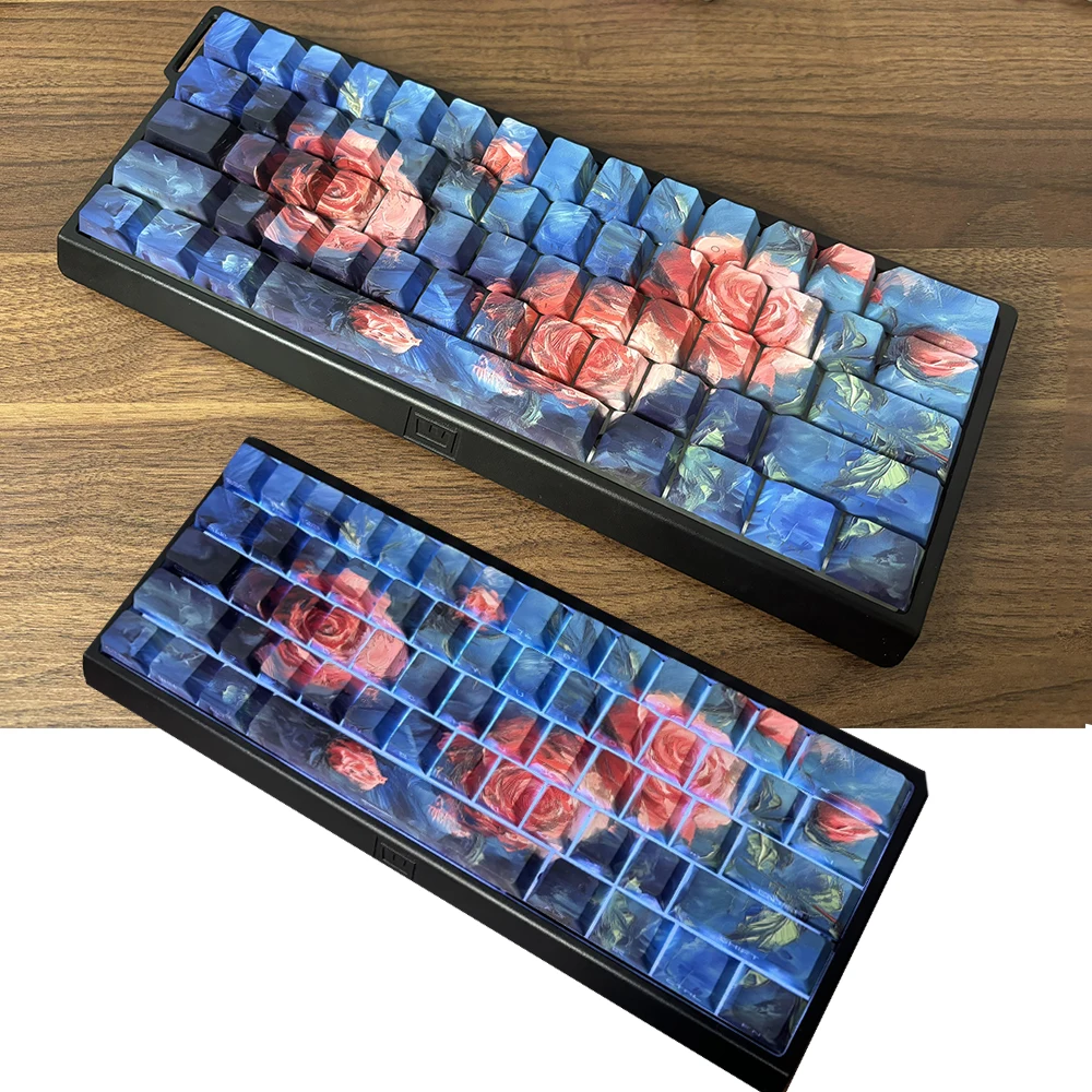 Side Letter Backlit PBT Keycaps Cherry Profile Caps for Cross Switch Mechanical Keyboard Rose Oil Painting Style 130 Keys Keycap