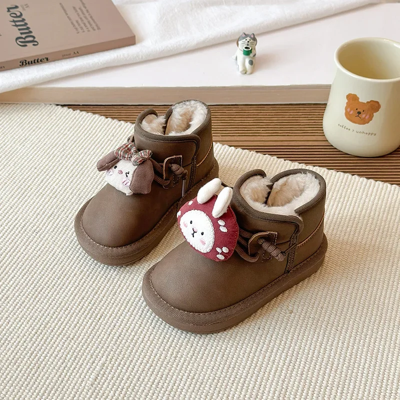 Children Snow Boots with Warm Thick Fur Kids Short Boots Round Toes 2025 Winter New Cute Girls Ankle Boots Soft Bottom Non-slip