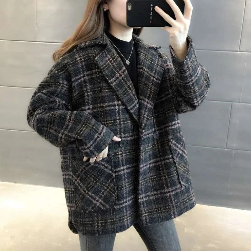 

2025 New Woolen Coat Women Autumn Winter Korean Version Loose Women's Plaid Blazer Female Casual Blended Wool Coat Ladies Jacket