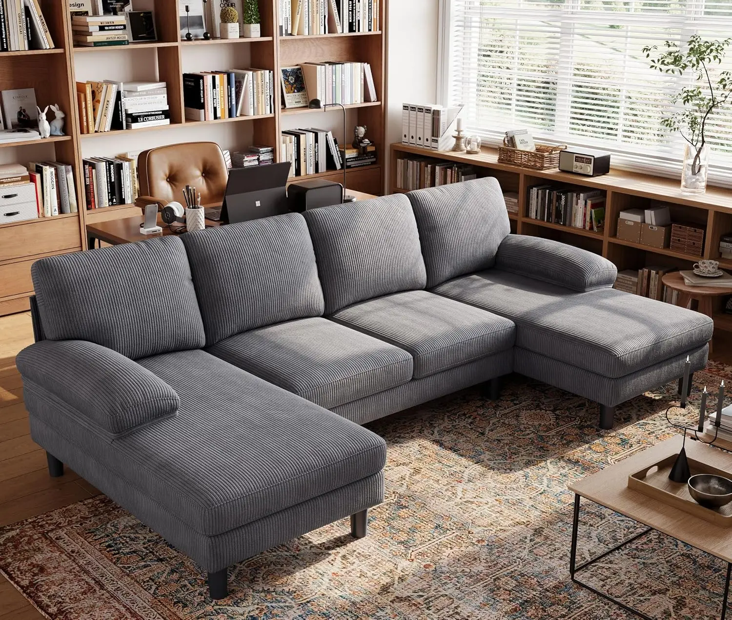 Corduroy U Shaped Sectional Sofa with Sleepable Armrests, Double Chaises 4 Seat Deep Couch for Living Room, Grey, Customized