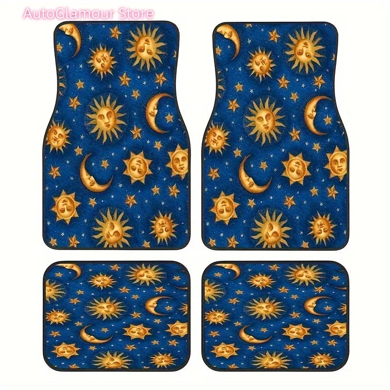 

Set of 4, Vintage Sun And Elegant Style Rubber Car Mats, Universal Non-Slip Car Blankets, Easy to Clean Interior Additions, Made