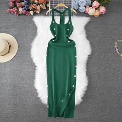 YuooMuoo Women Dress 2024 Summer Sexy Halter Sleeveless Buttoned Maxi Bodycon Dress Elegant Evening Black Party Dress Vestidos