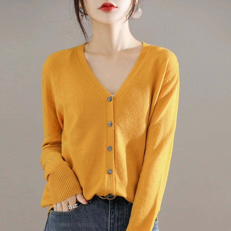 Spring New V-neck Sweater Cardigan Women Fashion Solid Color Autumn Winter Basic Loose Top Knitted Long Sleeve Female Cardigan