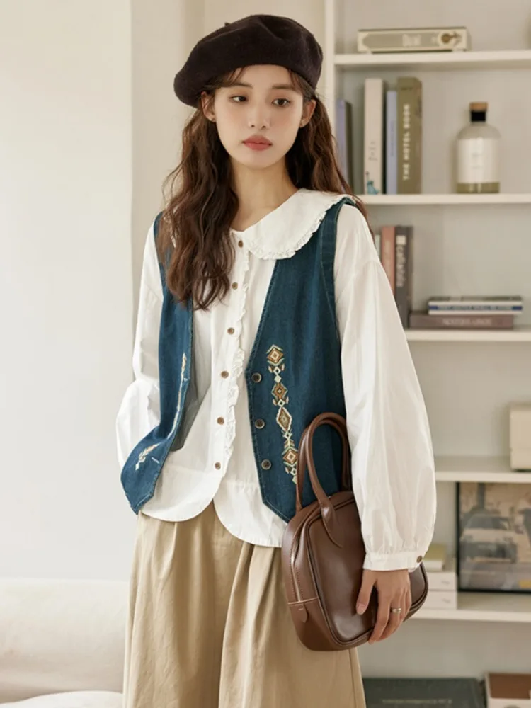 

Vintage Inspired Kawaii Denim Vest Chic Geometric Embroidery Cropped Button - Front Women's Spring Fall Layering Casual Top