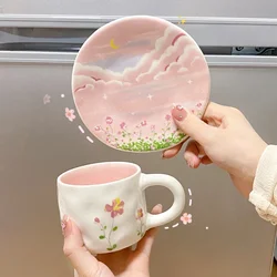 Conjunto de pires e xícara de café rosa pintados à mão, caneca cerâmica, chá da tarde do coração da menina, estilo coreano, estilo Ins