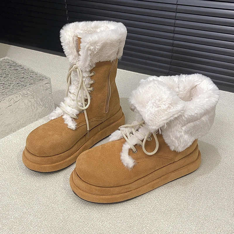 

Thick Sole Modern Boots Fleece Warm Mid-Calf Shoes Fashion Winter Women Cotton Shoes Outdoor Non-slip Height Increasing Boot New