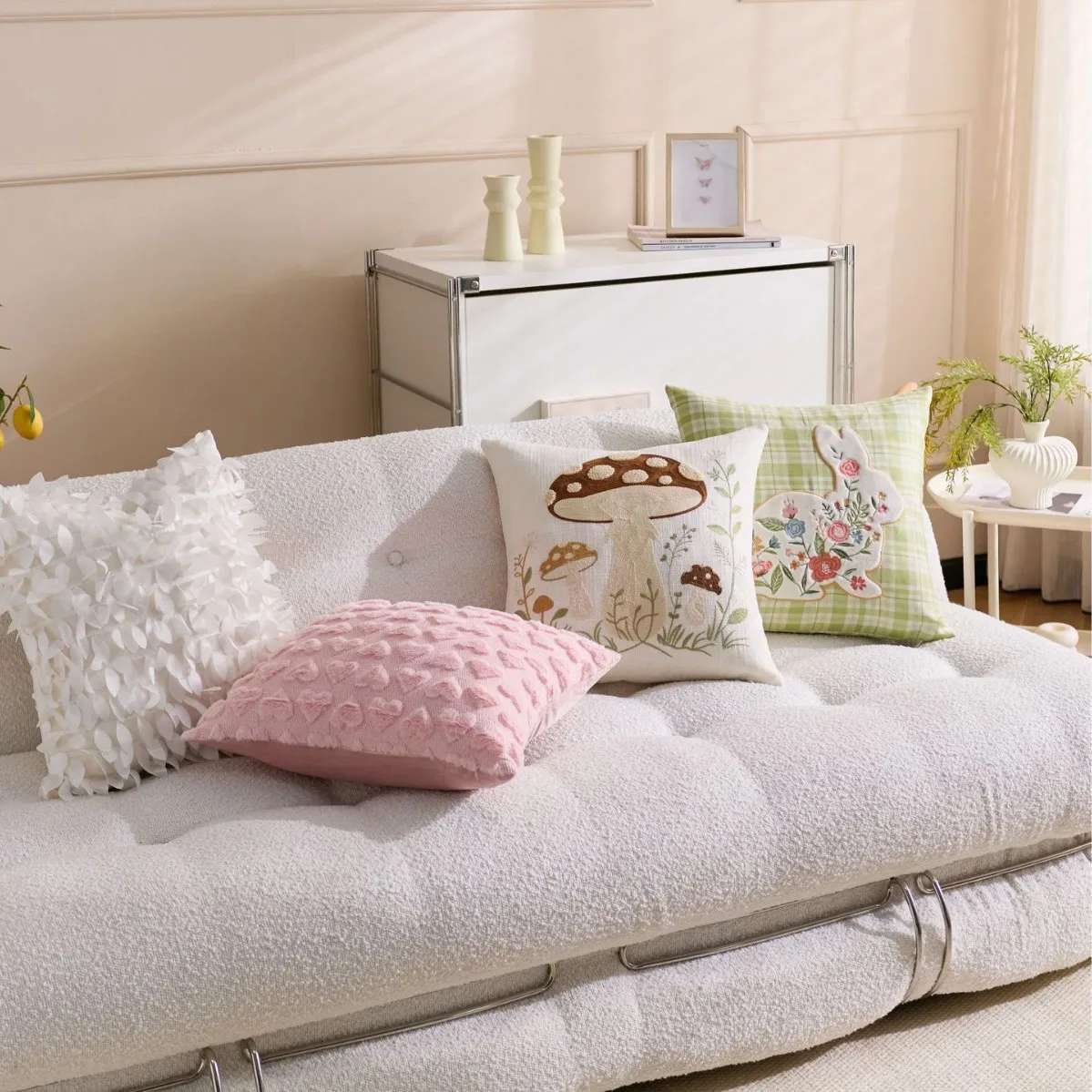 Nordic Luxury Bunny Embroidery Pillow Cover | Easter Rabbit Heart Design Cushion Case for Sofa Bedroom Decor | 18x18 Inch