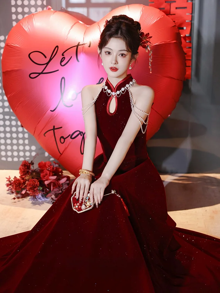 

Ele Red Chinese New Sle Wedding Dr for Bride High End Aosphere Engagement Par Gown with Pearl Embelliment