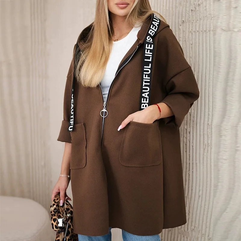 

Осеннее элегантное свободное пальто с буквенным принтом, женское модное однотонное пальто на молнии с шерстяными карманами, повседневное зимнее пальто с длинными рукавами и капюшоном