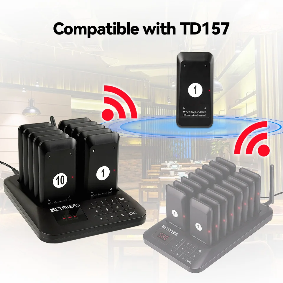 Retekess TD157S 무선 호출 시스템 호출기 레스토랑 버저 비퍼 벨 수신기 푸드 트럭 카페 바 클리닉 용 코스터