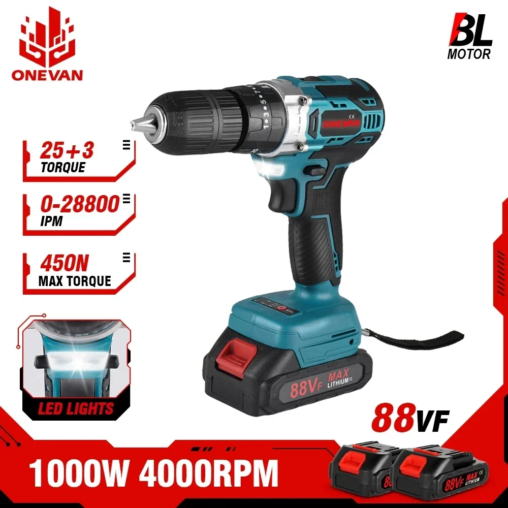 ONEVAN 1000W Brushless Electric Impact Drill 450NM 25+3 Torque 3 in 1 Electric Cordless Screwdriver Tool For Makita 18v Battery