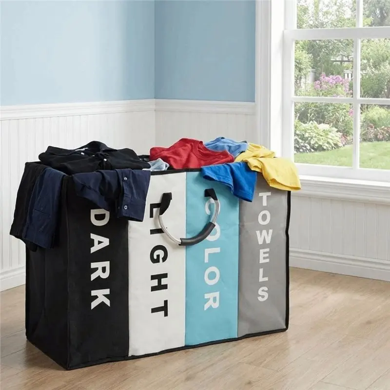 DT35 Folding Oxford Fabric For Laundry Hamper With Handles, Large Capacity 4-Section Sorting Basket For