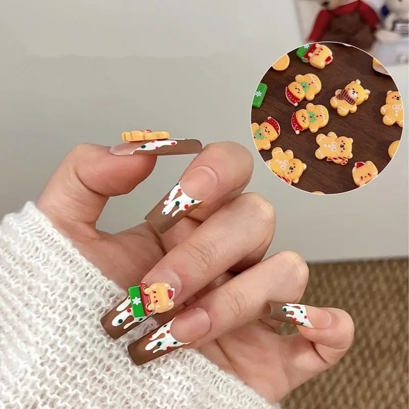 10PCS Kawaii Christmas Gingerbread Man Elk Resin Nail Charms Cartoon Creative Yellow Bear Snowman Nail Art Decorations DIY Nails