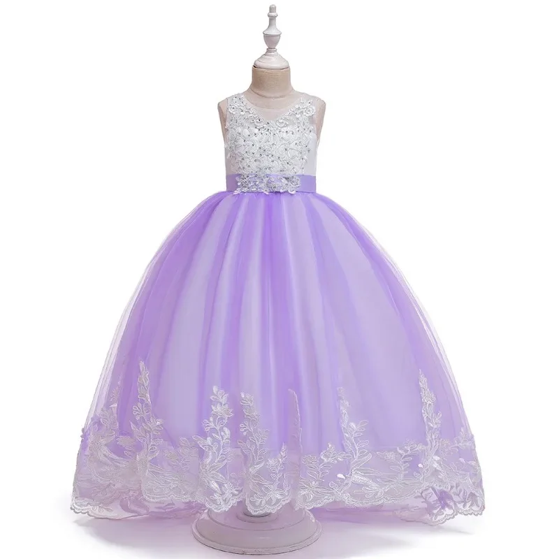 Robe de soirée en maille pour enfants, tenue de soirée longue, princesse, dentelle, traîne, ligne A, mariage