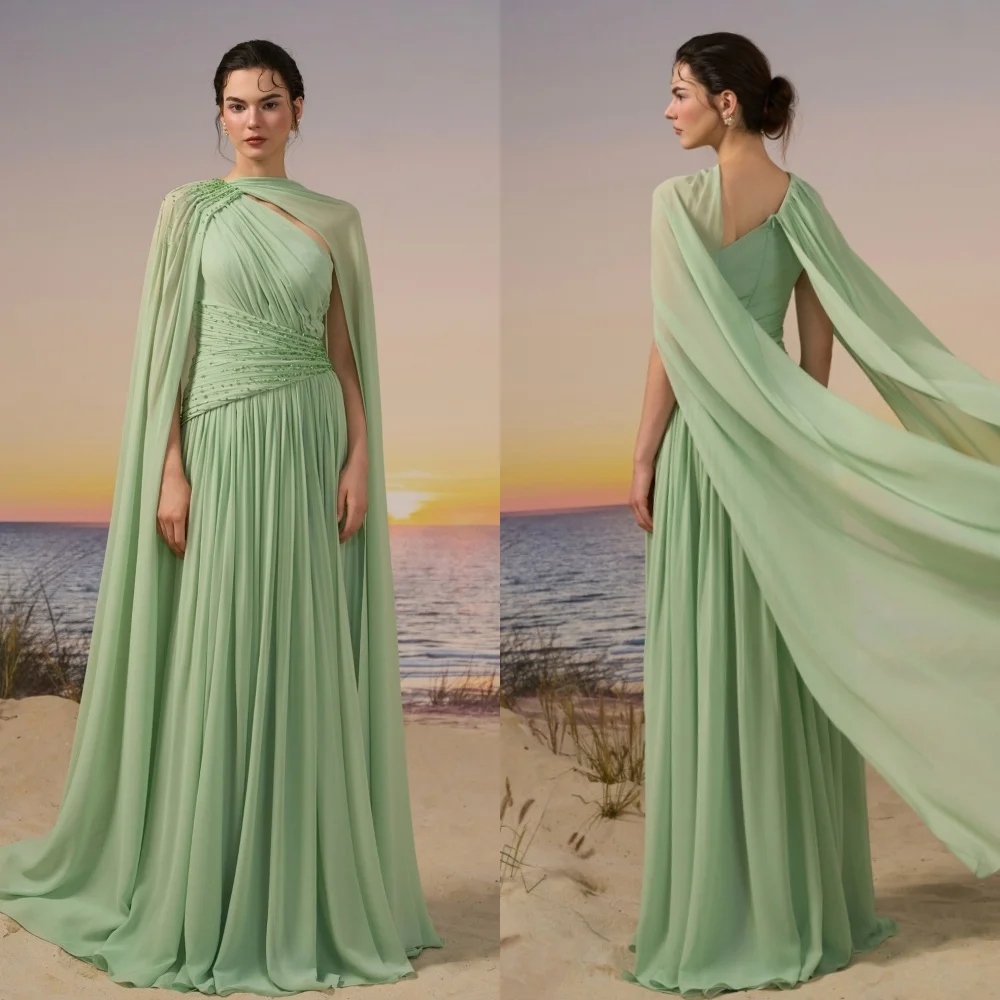 Customized Matching Fashion Chiffon Pleat Ruched Draped Beading Sequined A-line High Collar Long Dresses Evening Dresses Retro