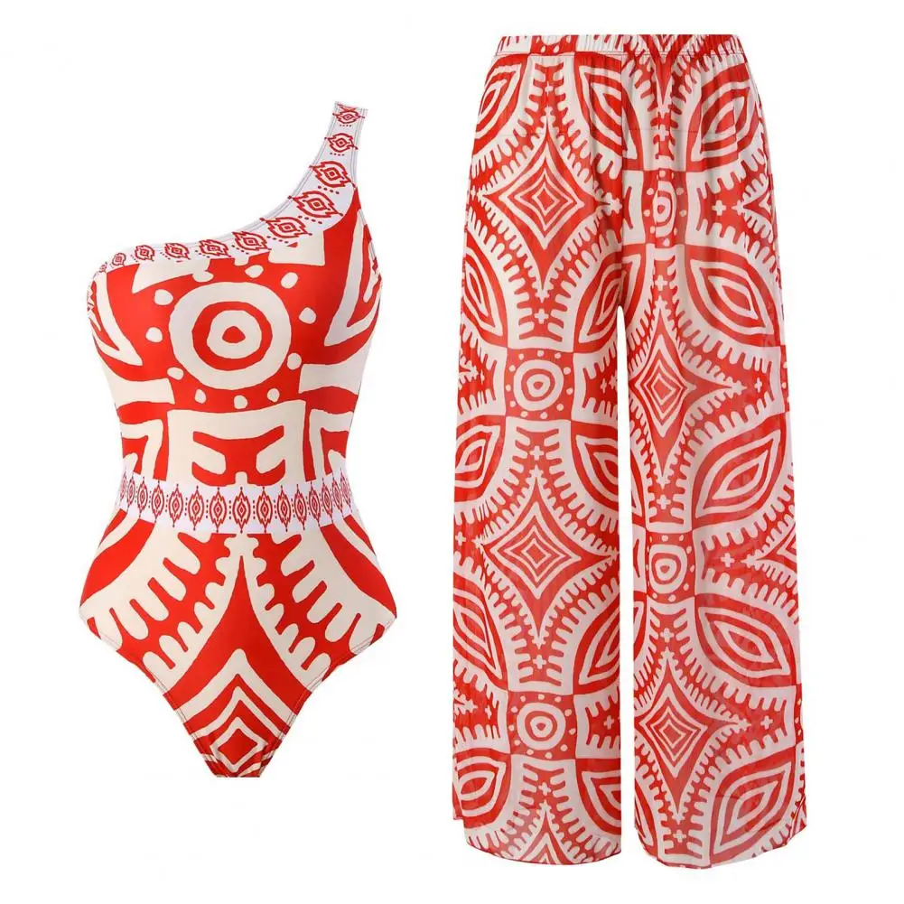 

Monokini Pants Set Ethnic Print Monokini Pants Set with One Shoulder Top Wide Leg Trousers for Women Color Matching Swimwear Sun