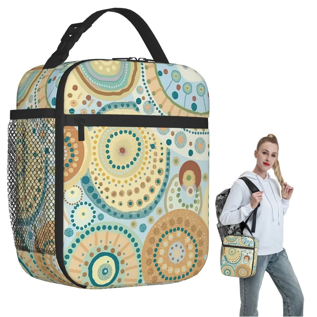 

Natural Tones Desigual Mandala Insulated Lunch Bag for Women Kids Portable Food Boxes Thermal Lunch Box Tote
