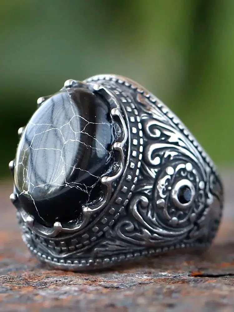 Bagues en pierre d'oeil de tigre en acier inoxydable pour hommes, bijoux de fiançailles de mariage classiques, vintage, turc, noir, fait à la main, rétro