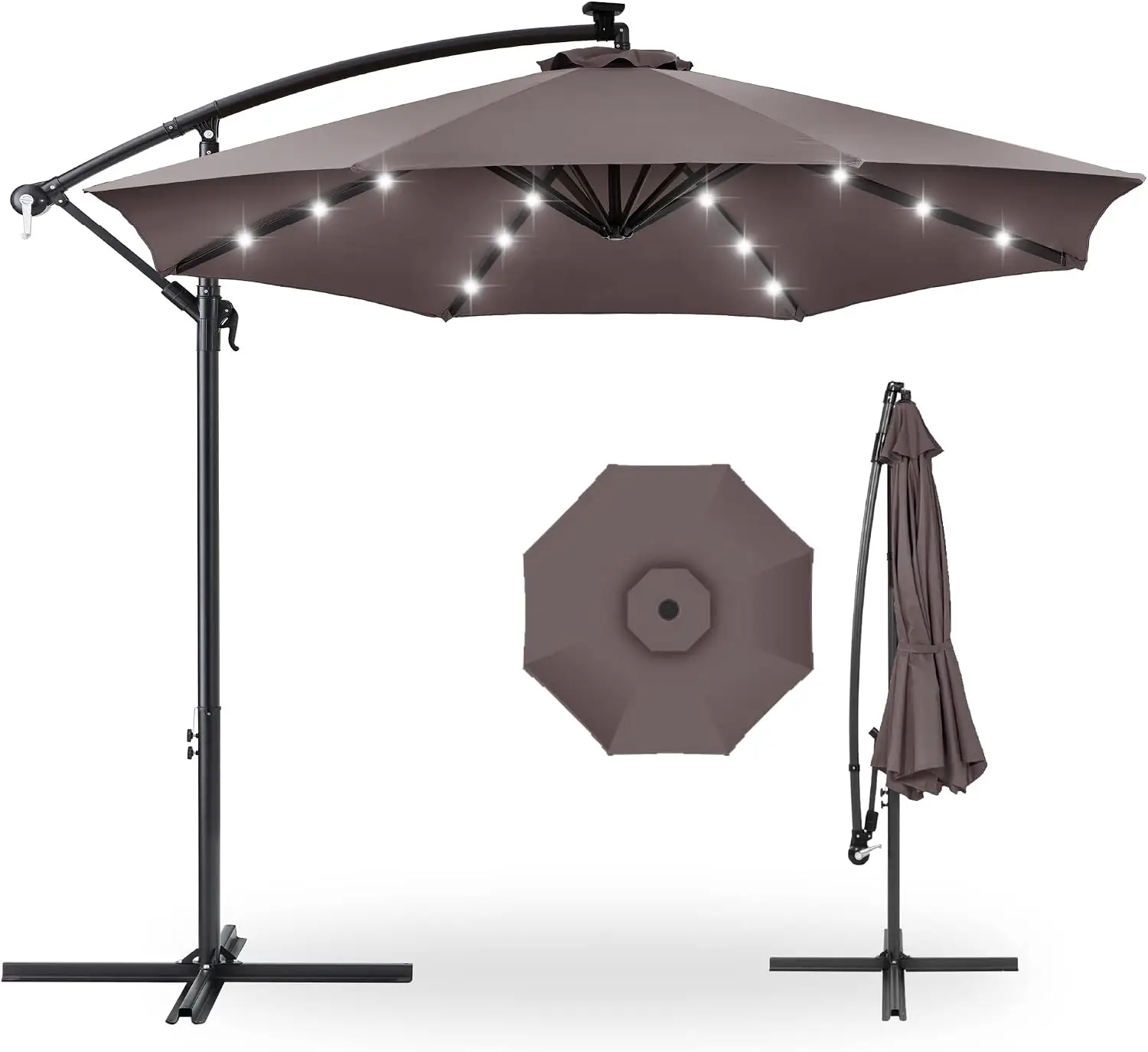 10ft Solar LED Offset Cantilever Hanging Market Patio Umbrella, 8 Sturdy Ribs, Easy Adjustment - Deep Taupe