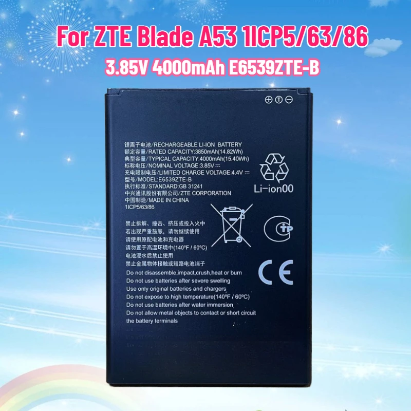 

New 3.85V 4000mAh E6539ZTE-B Battery For ZTE Blade A53 1ICP5/63/86 Replacement Batteria