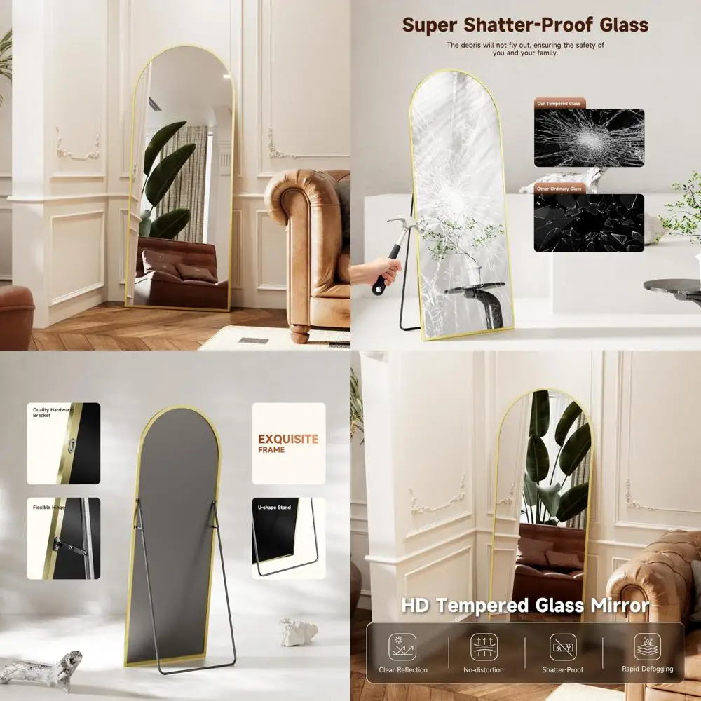 Large Gold Tempered Glass Arched Floor Mirror with Stand, Wall Hanging or Freestanding Body Length Mirrors for Home Décor