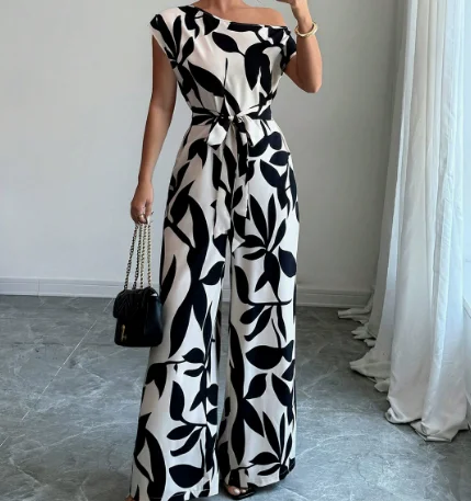 Jumpsuit Women 2026 Spring Summer New Printed Off Shoulder Short Sleeved Slanted Collar Lace Up Casual Wide Leg Jumpsuit