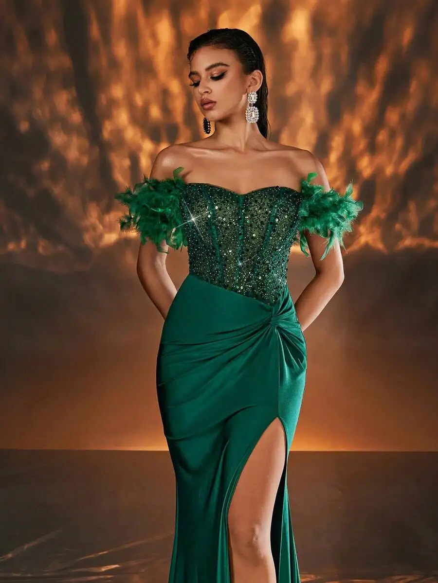 

Elegant Dark Green Off Shoulder Mermaid Formal Gown With Feather Cuffs Sequin Bodice High Slit For Prom Wedding Guest
