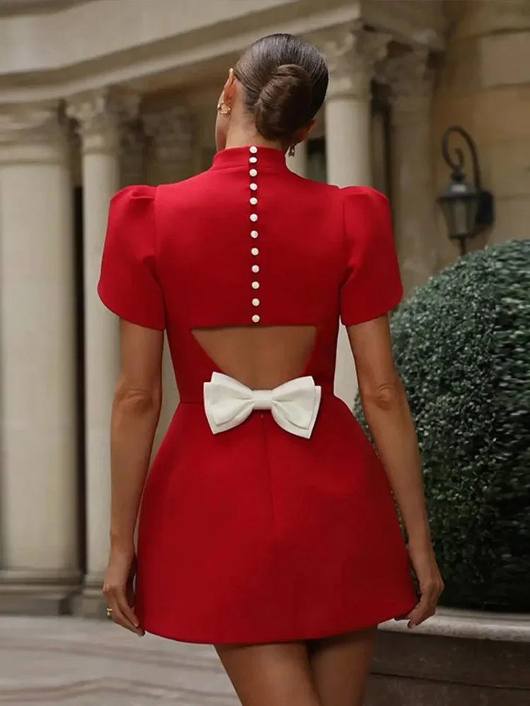 Hallow Out Bow Mini Dress Red Turtleneck Slimming Pad Shoulder Women High  Waist A-Line Dresses Socialite Street Evening Gown - AliExpress 200000345