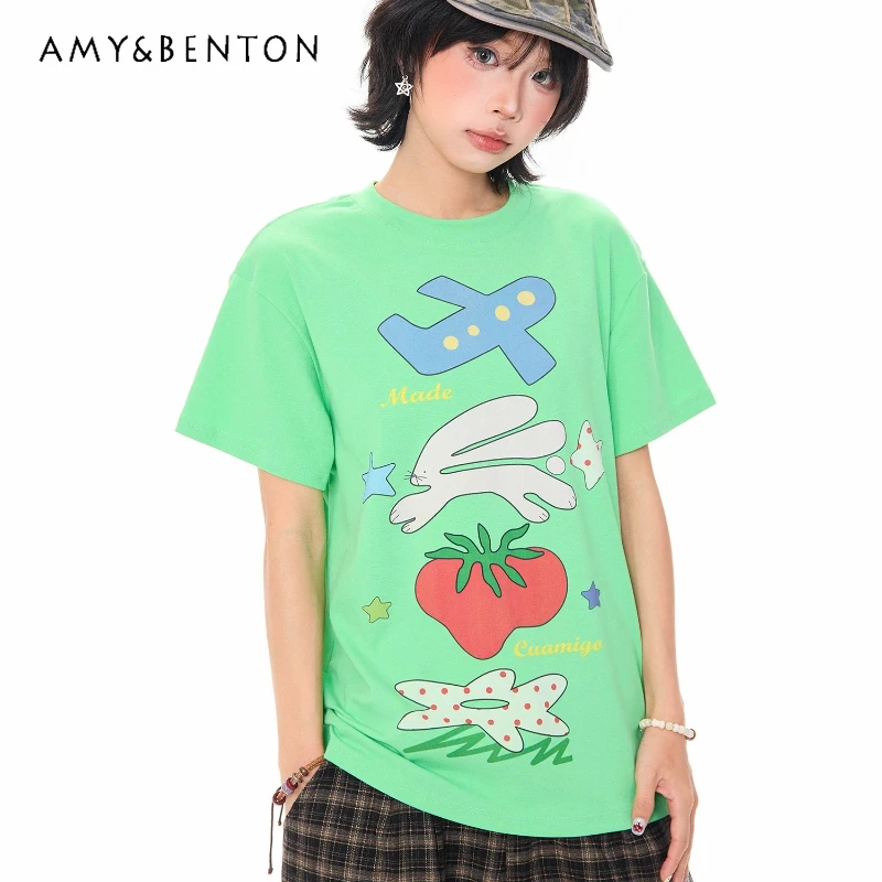 

Korean Girl Design Cartoon Pattern Print Women's Short-sleeved T-shirt 2026 Summer New Loose Y2k Casual Crew Neck Top Ladies