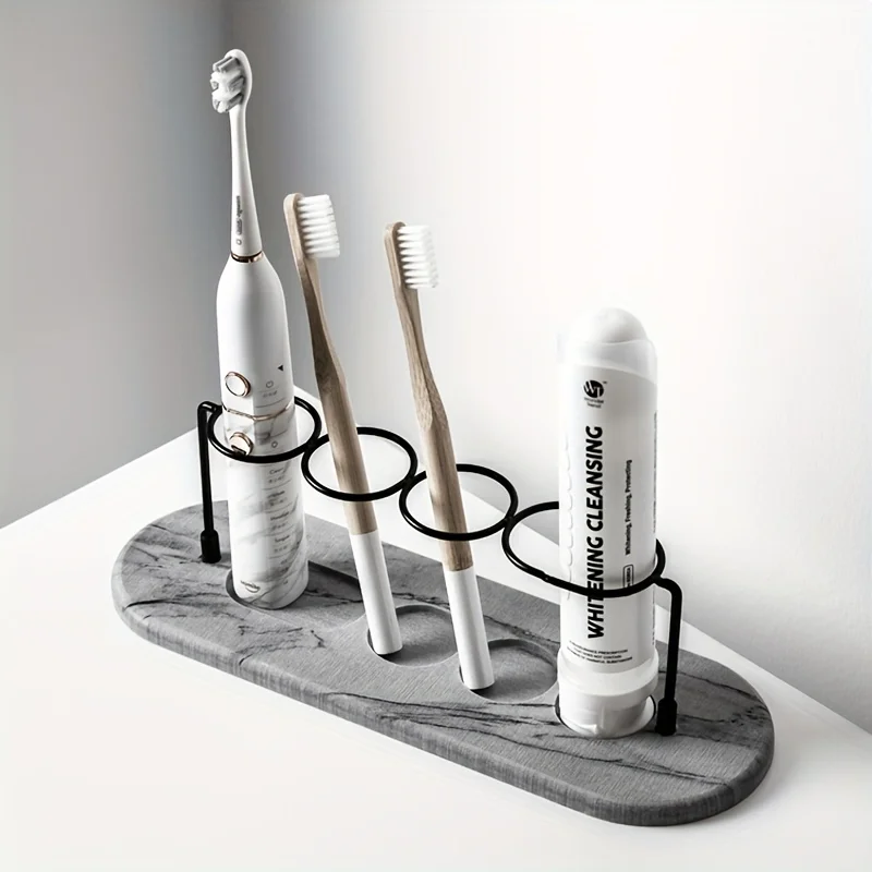

Modern 4-slot toothbrush holder with quick-drying diatomaceous earth tray - waterproof bathroom holder for toothbrushes, cups