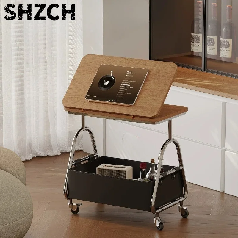 Vintage Movable Foldable Side Cart Solid Wood Rolling Storage Rack Living Room Serving Trolley Compact Sofa Coffee End Table