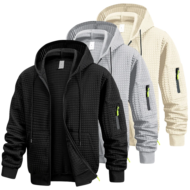 Men's Waffle Checkered Sports Zip Up Jacket with Kangaroo Pocket Autumn Winter Warm Hooded Sweatshirt Coat with Zipper Pocket