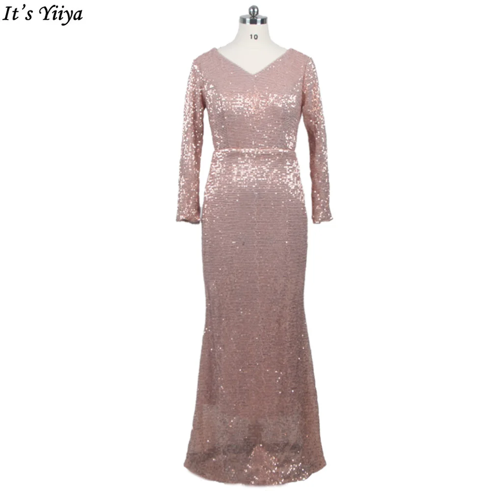 

It's YiiYa Real Photo Evening Dress Full Sleeves V-Neck Mermaid Sequined Plus Size Zipper Robe De Soiree Women Party Gowns K120